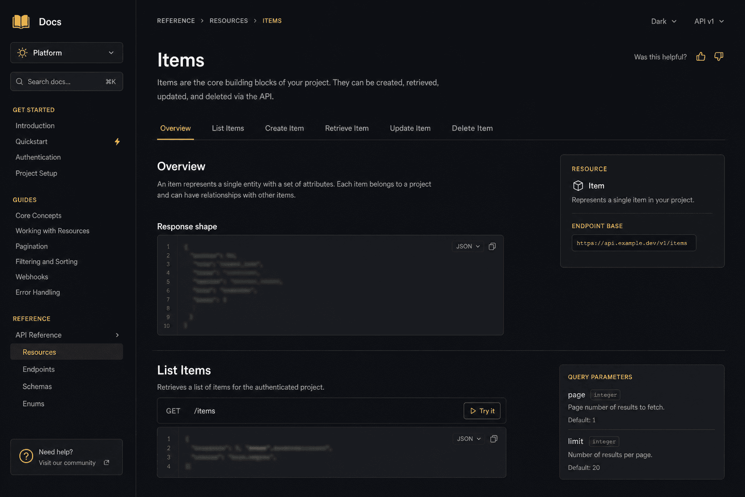 Preview of a resource documentation layout